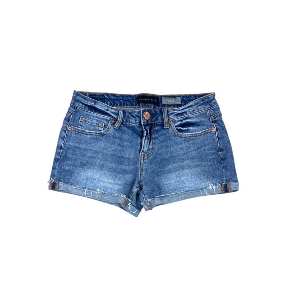 Aeropostale‎ Midi Cuffed Denim Shorts Medium Wash Mid Rise Size 6 Cut Off